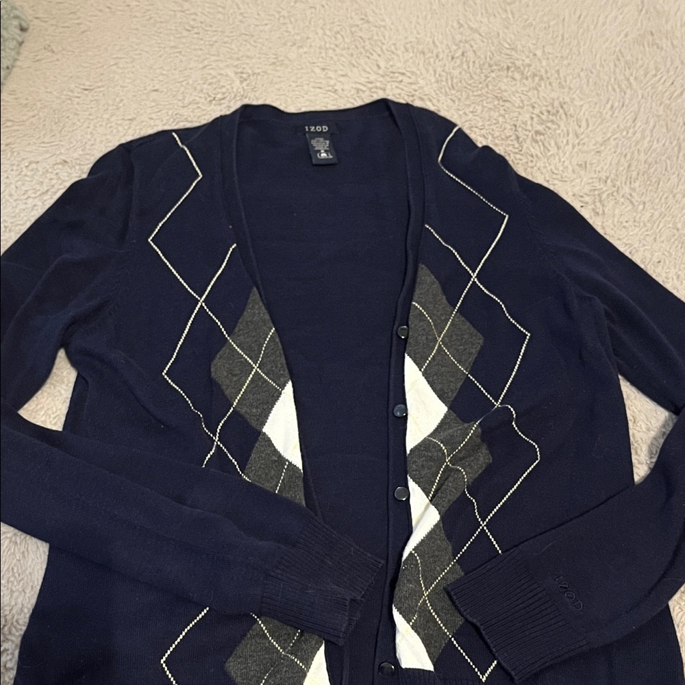 IZOD Women's Dark Blue Argyle Cardigan